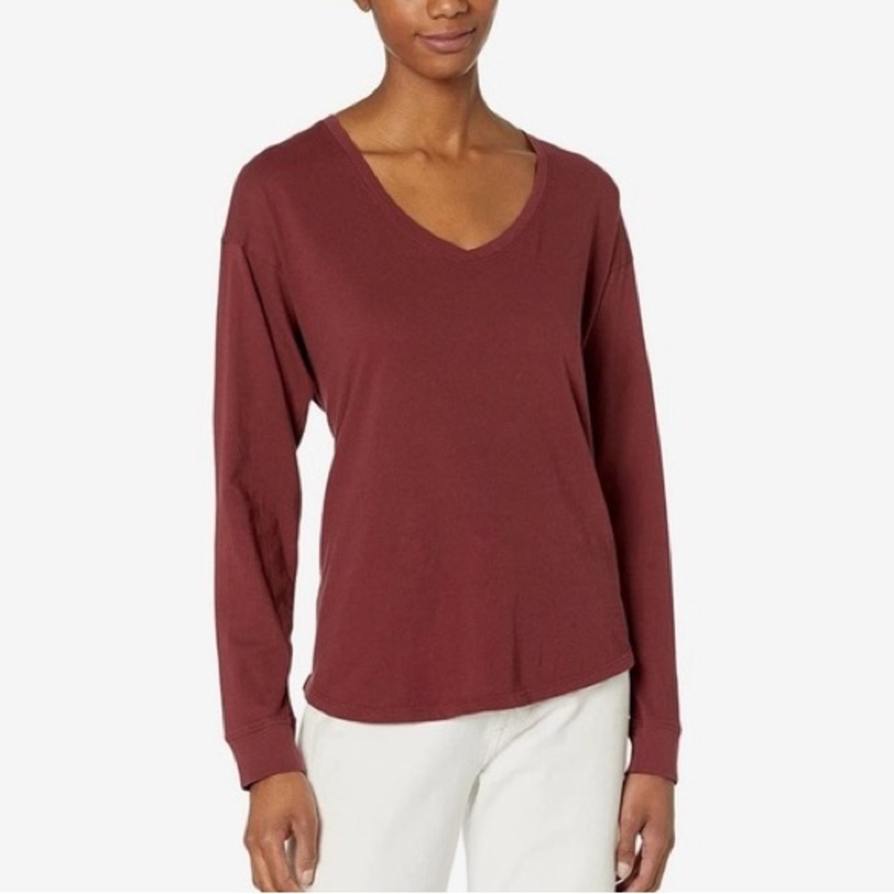 Madewell Softfade Cotton Relaxed Long Sleeve Tee in Red Maroon Size Small